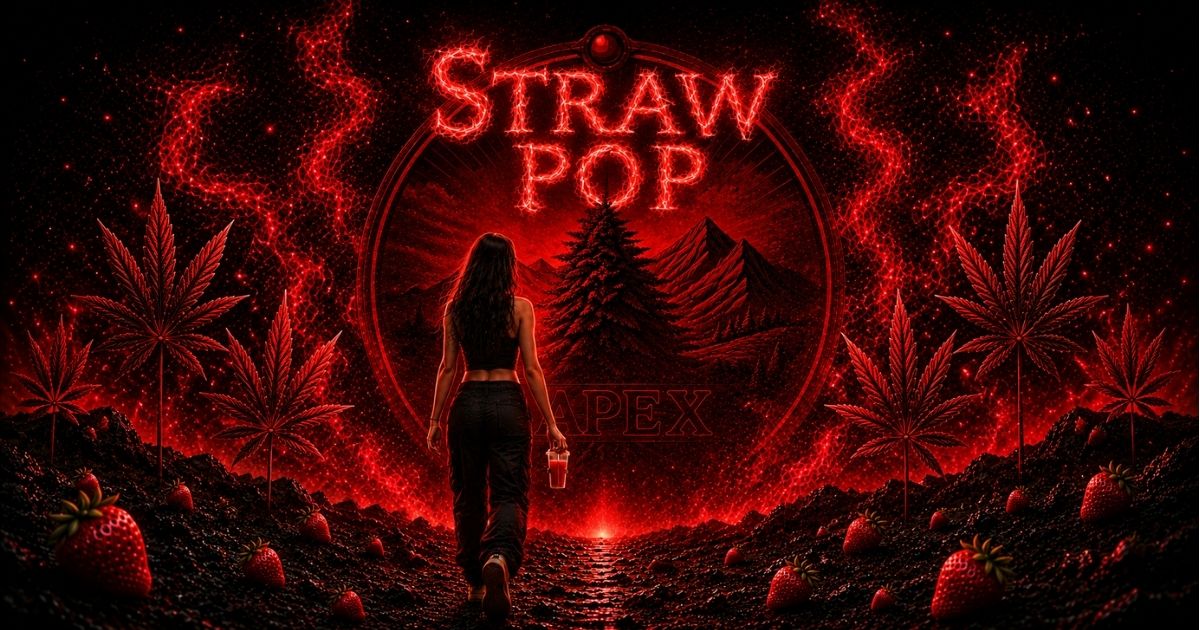 Illustration de couverture de la revue de dégustation de la Straw Pop outdoor d'Apex CBD, une fleur CBD Outdoor française aux notes de fraise dans un univers rouge immersif.