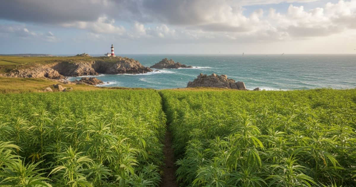 Champ de chanvre cultivé sur la côte bretonne, avec un phare en arrière‑plan sous un ciel océanique lumineux – culture de CBD artisanal en Bretagne.