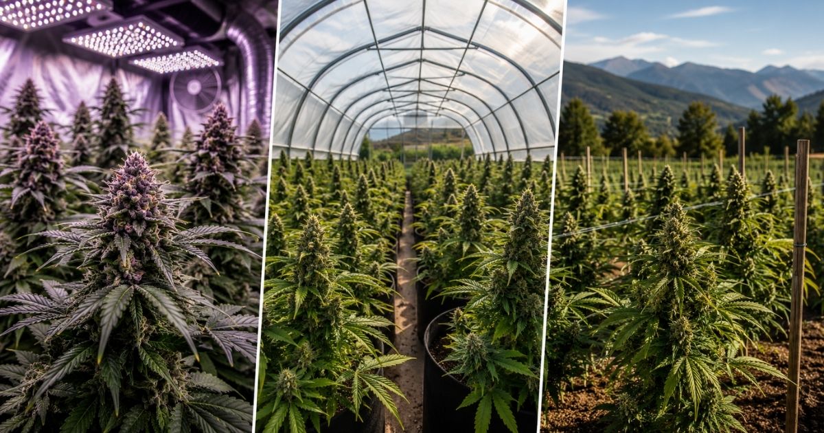 Comparaison des cultures CBD indoor, glasshouse et outdoor avec fleurs de chanvre cultivées en intérieur, sous serre et en plein air
