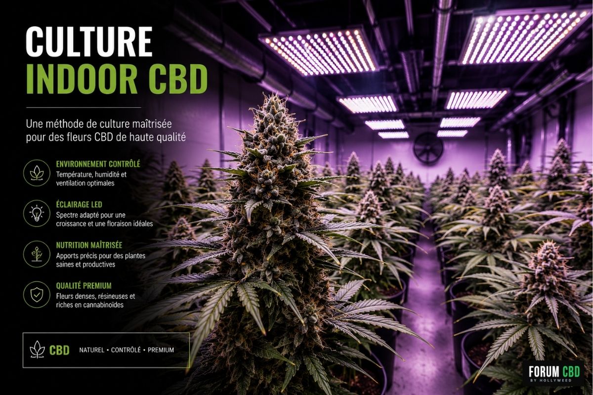 Salle de culture indoor CBD sous éclairage LED avec environnement contrôlé et fleurs de chanvre résineuses