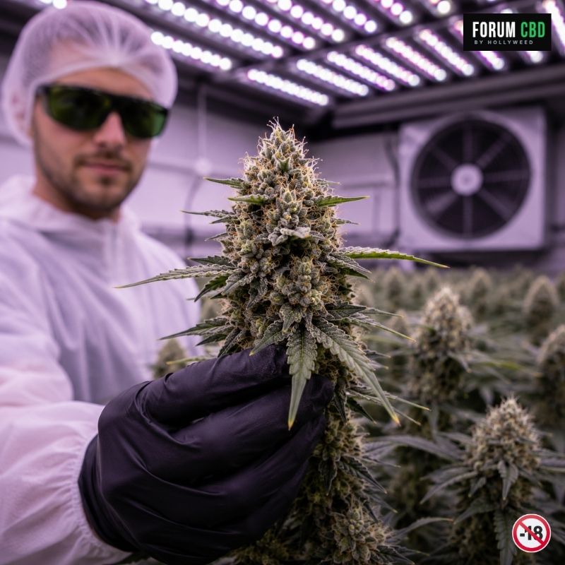Cultivateur en salle indoor CBD contrôlée tenant une fleur de chanvre résineuse sous éclairage LED horticole