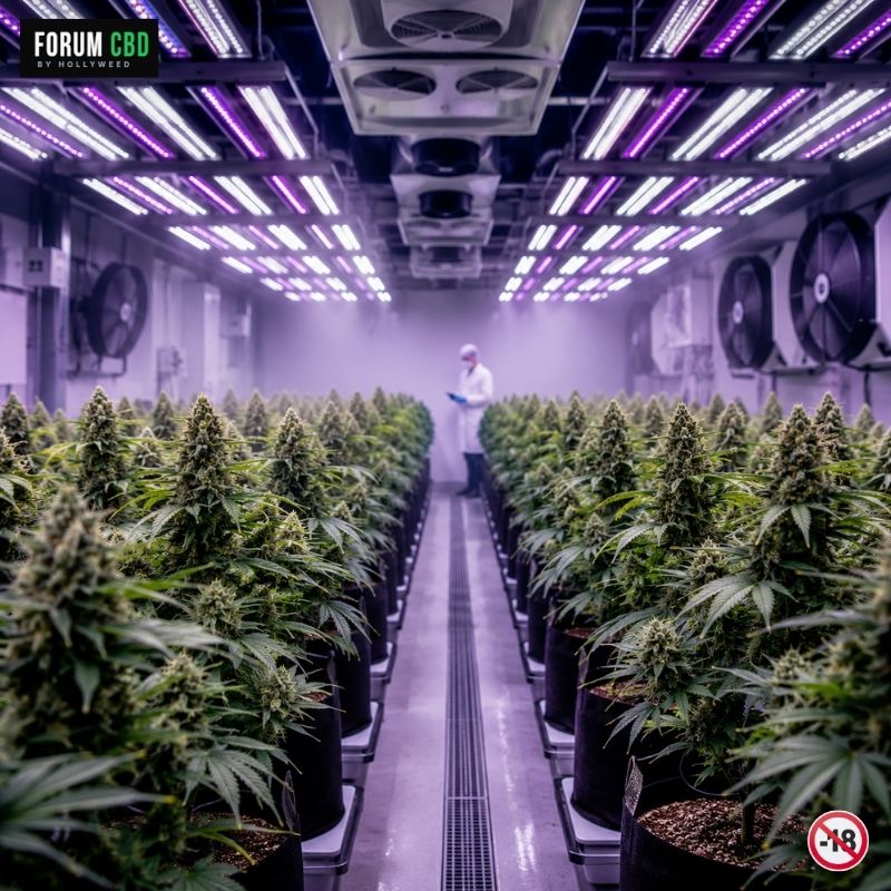 Salle de culture indoor CBD professionnelle avec rangées de plants sous éclairage LED et environnement contrôlé