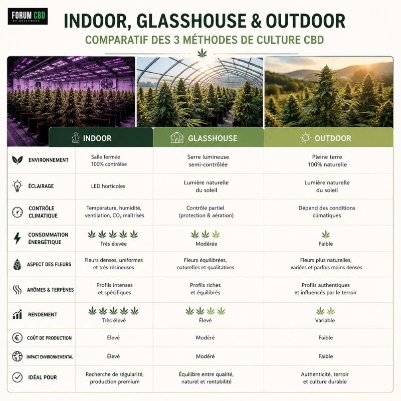 Tableau comparatif des cultures CBD indoor, glasshouse et outdoor avec différences de production, environnement et qualité des fleurs
