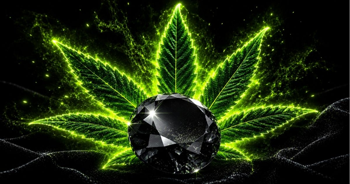 Saphir noir étincelant devant une feuille de cbd néon verte sur fond noir velours