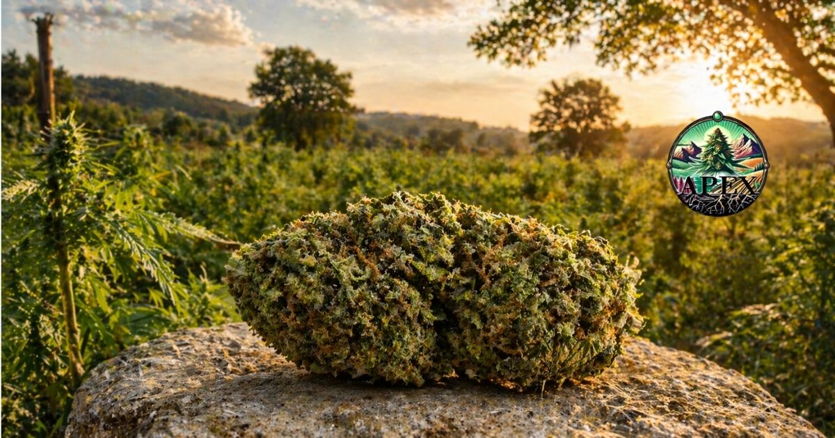 Fleur CBD Demi Glaze Outdoor Apex CBD posée sur une pierre avec culture de chanvre en arrière-plan au coucher du soleil