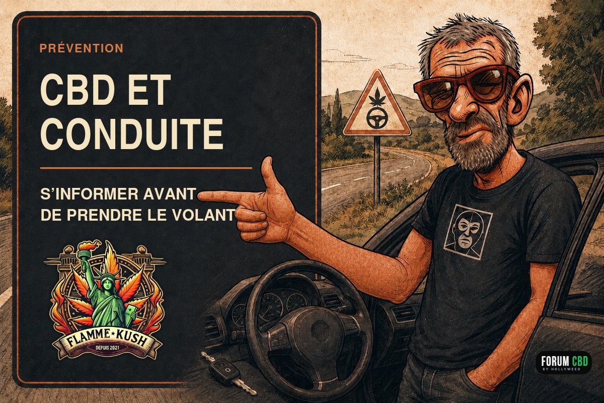 Illustration de prévention sur le CBD et la conduite, avec un conducteur invité à s’informer avant de prendre le volant