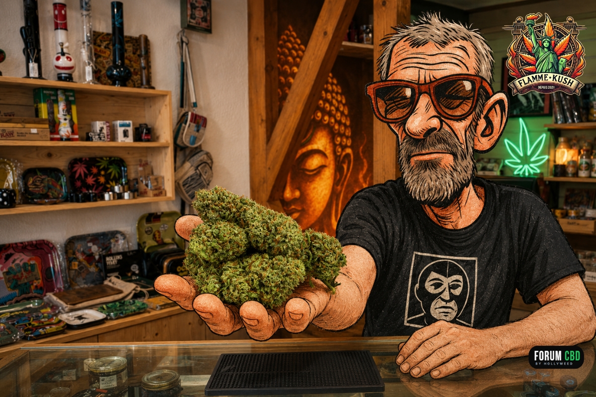 Le gérant de Flamme Kush présente une fleur de CBD soigneusement sélectionnée derrière le comptoir de sa boutique à Colmar