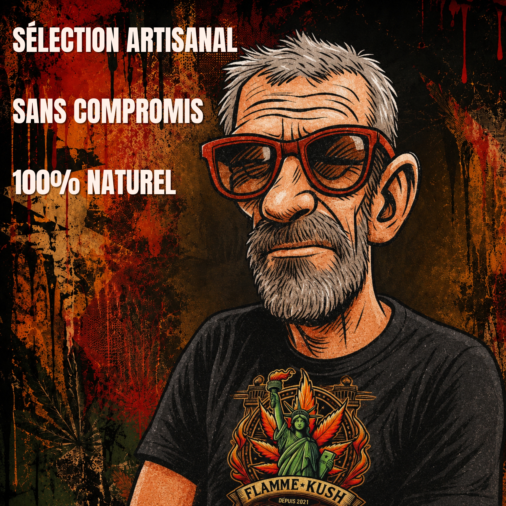 Personnage de Flamme Kush portant le logo de la boutique sur son tee-shirt, devant un fond street-art orange, rouge et charbon