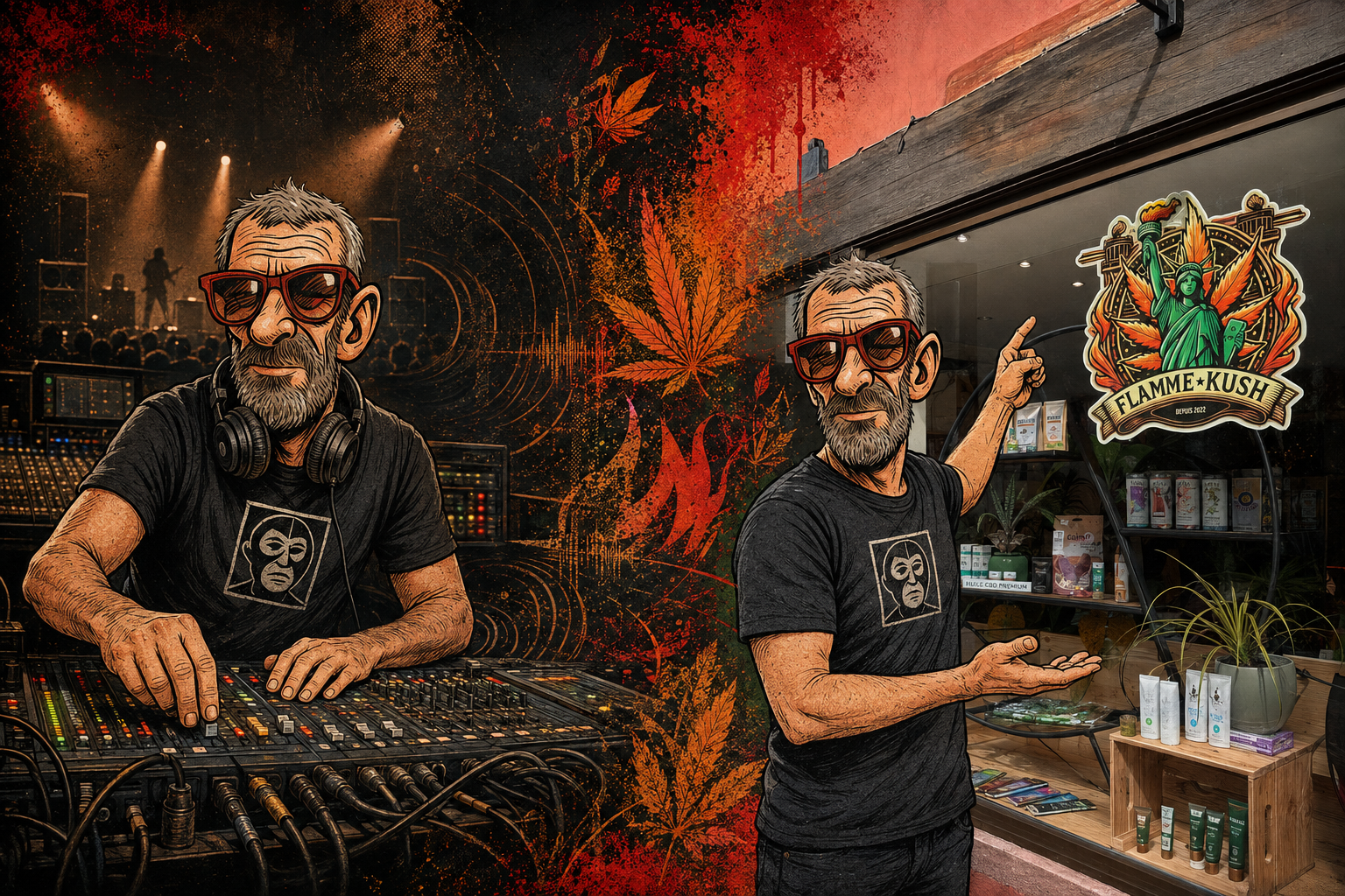 Ancien régisseur son devenu commerçant CBD, le fondateur de Flamme Kush apparaît entre une console de mixage et sa boutique de Colmar