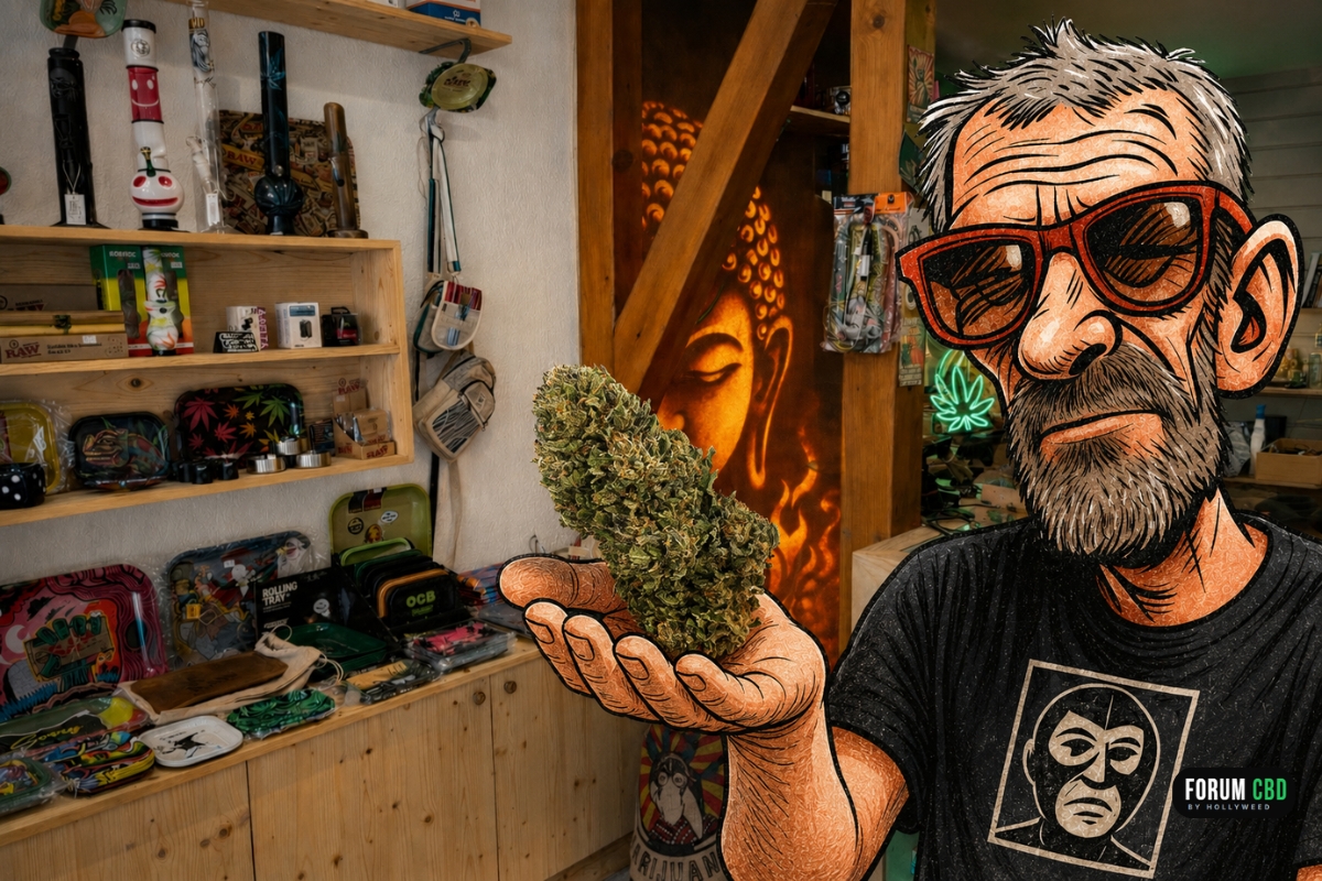 Illustration du gérant de Flamme Kush présentant une fleur de CBD dans sa boutique située à Colmar
