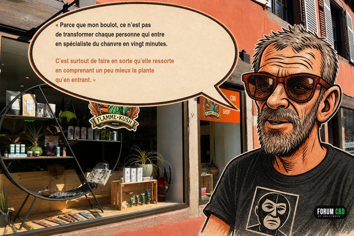 Façade de Flamme Kush à Colmar avec le gérant illustré rappelant que la boutique ne se résume pas aux produits dans les bocaux