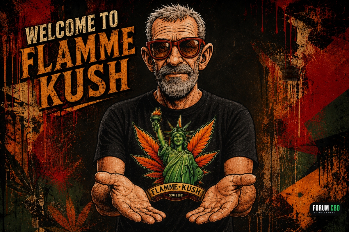 Personnage de Flamme Kush présentant une Statue de la Liberté souriante devant un décor street-art avec l’inscription Welcome to Flamme Kush.