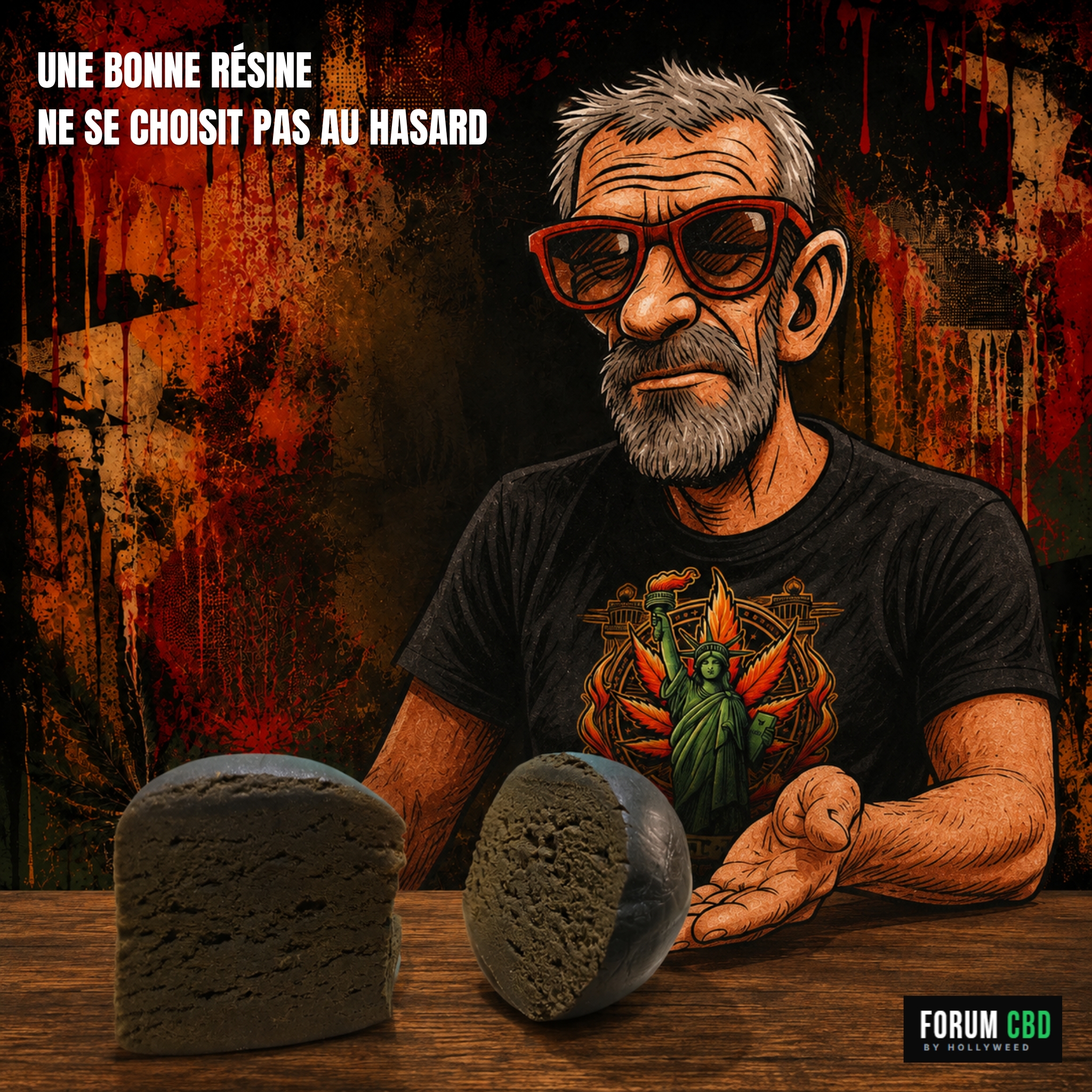 Personnage illustré de Flamme Kush présentant une résine CBD photographique sur un comptoir, devant un décor street-art.