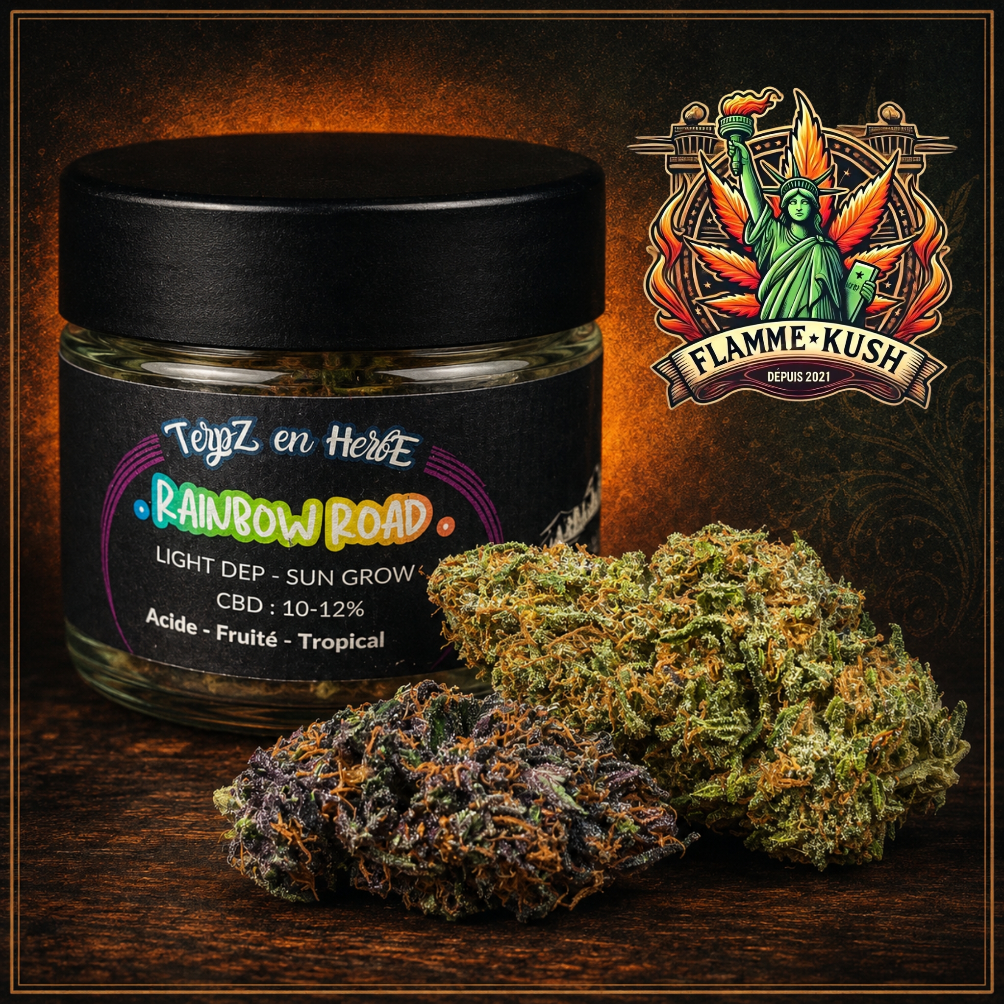 Fleurs Rainbow Road présentées devant leur pot chez Flamme Kush, boutique CBD indépendante à Colmar