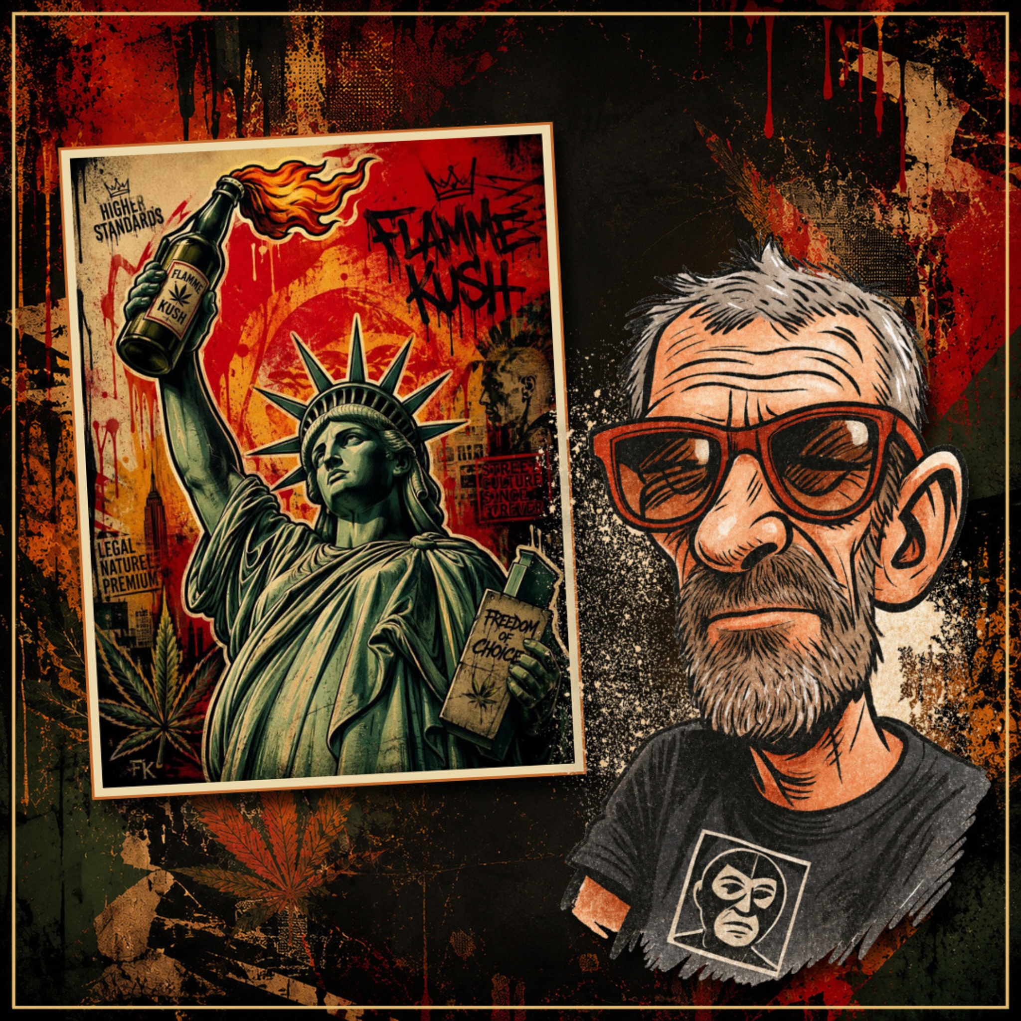 Personnage de Flamme Kush devant une affiche street-art représentant la Statue de la Liberté, dans un décor rouge, orange et charbon