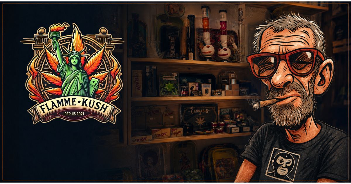 Couverture de l’interview de Flamme Kush à Colmar, avec le portrait illustré du gérant devant les étagères de son shop CBD.