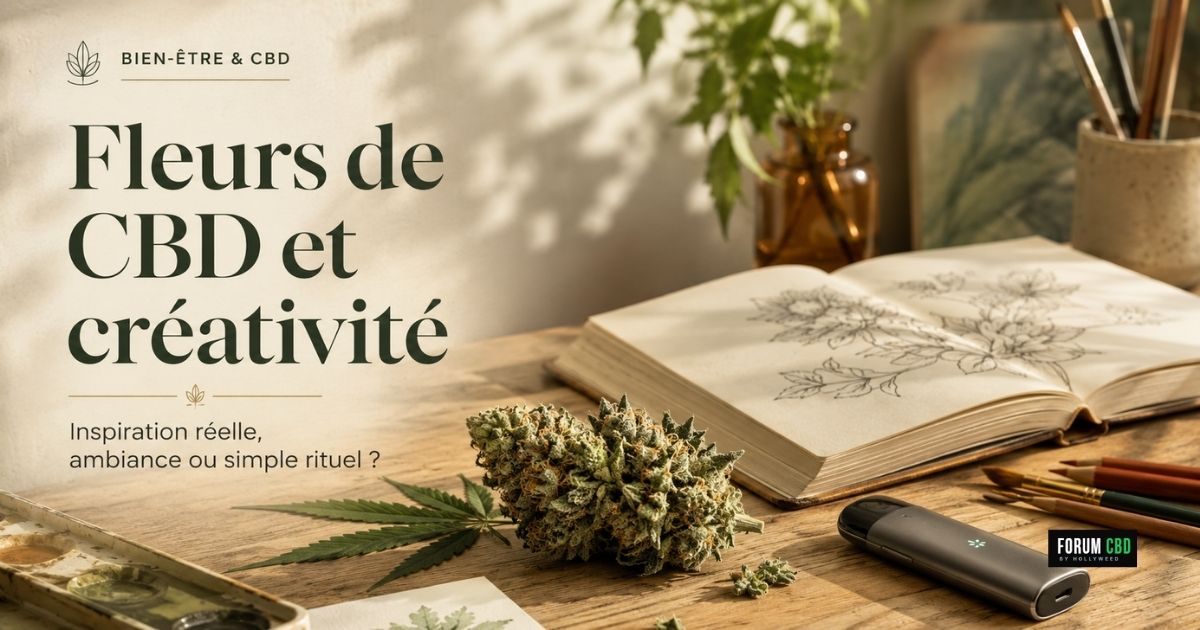 Fleurs de CBD et créativité avec carnet de dessin, crayons et vaporisateur dans un atelier artistique lumineux.