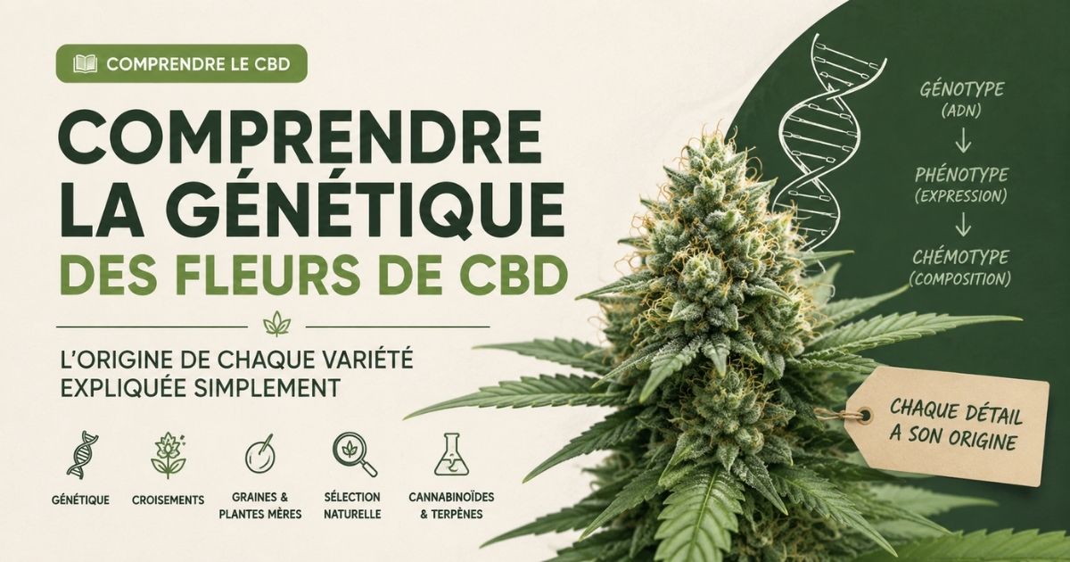 Illustration pédagogique expliquant la génétique des fleurs de CBD avec une fleur de chanvre, une double hélice d'ADN et les notions de génotype, phénotype et chémotype.