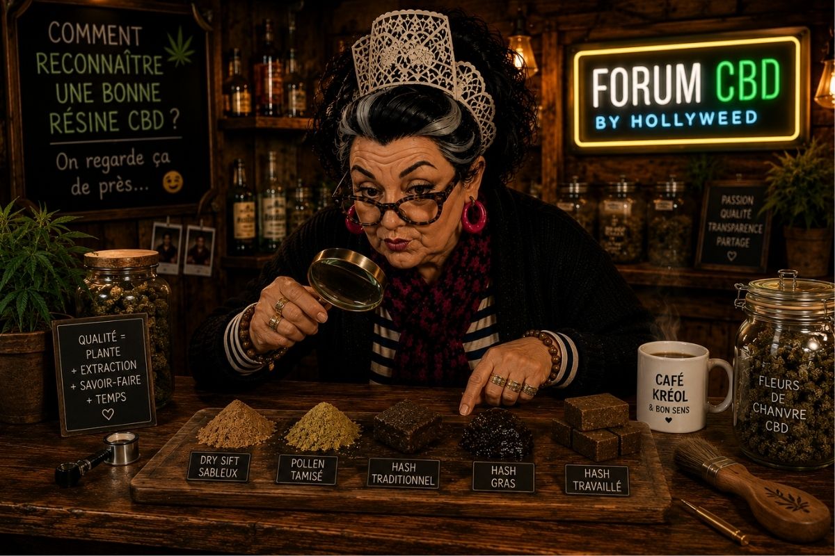 Tata Mon Ika inspecte différentes textures de résines CBD et hash au comptoir du Forum CBD by Hollyweed
