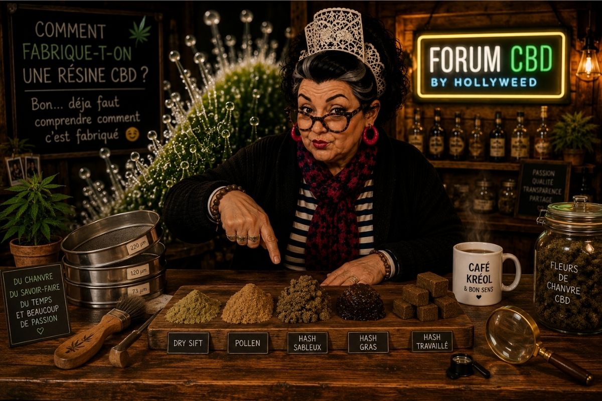 Tata Mon Ika explique comment se fabrique une résine CBD avec différentes textures de hash et matériel de dry sift sur Forum CBD by Hollyweed