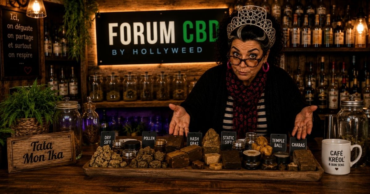 Tata Mon Ika présente un plateau de résines CBD et hash artisanaux au comptoir du Forum CBD by Hollyweed