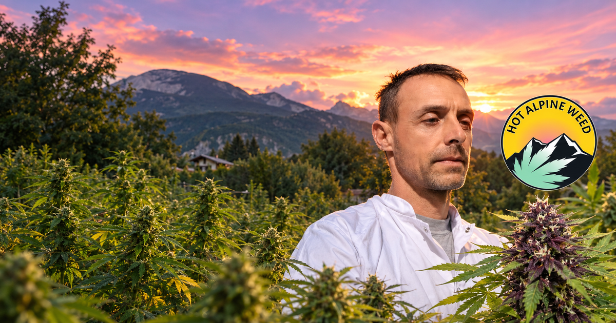 Producteur Hot Alpine Weed au milieu de plants de chanvre, avec les montagnes des Alpes en arrière-plan au coucher du soleil et le logo de l’exploitation.