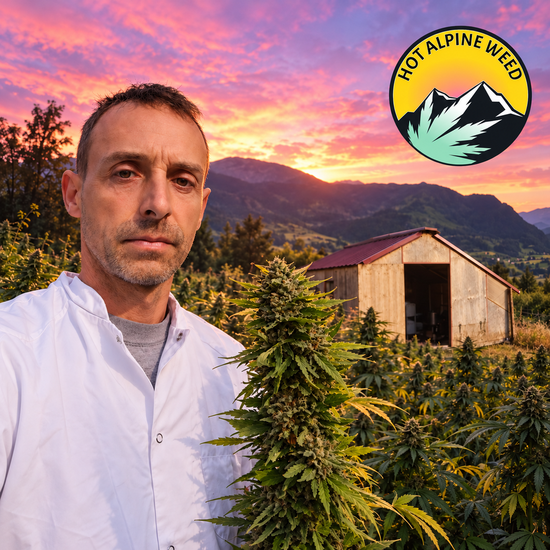 Nicolas Wagner de Hot Alpine Weed aux côtés d’un plant de chanvre CBD en fleurs, devant un bâtiment agricole et les montagnes au coucher du soleil, avec son logo en haut à droite.
