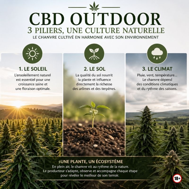infographie cbd outdoor soleil sol climat culture chanvre plein air terroir naturel