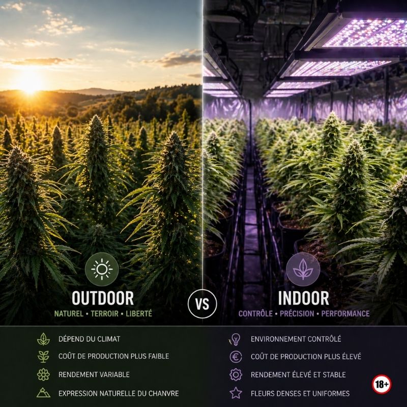 comparaison culture cbd outdoor et indoor champ plein air versus culture interieur led chanvre differences