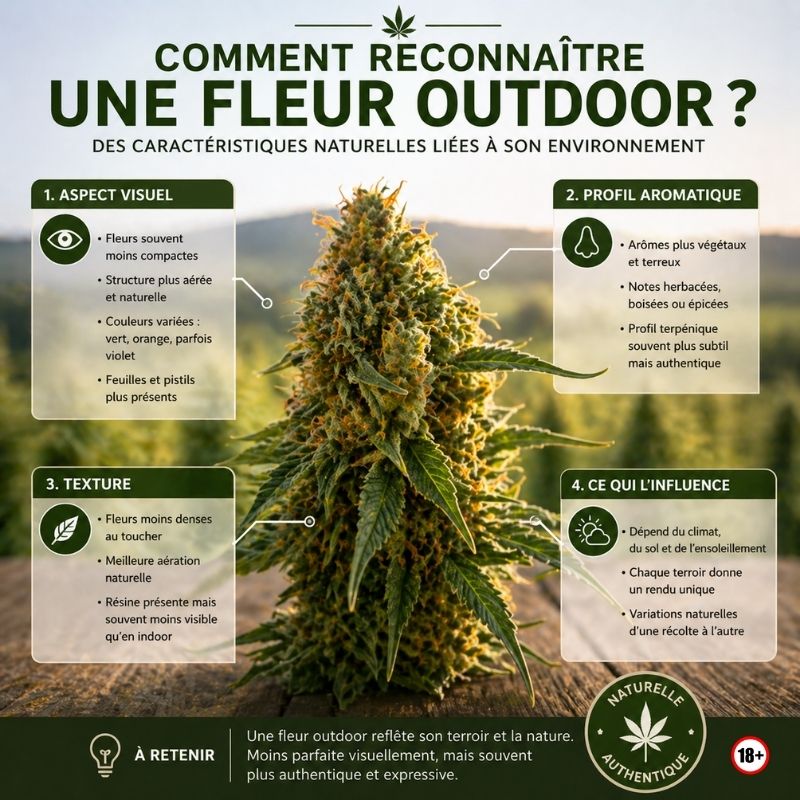 comment reconnaitre fleur cbd outdoor aspect visuel arômes texture culture chanvre plein air
