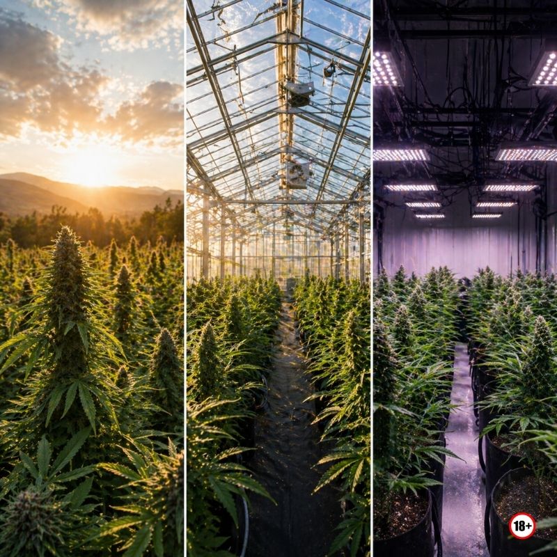 comparaison culture cbd outdoor glasshouse indoor chanvre plein air serre vitrée culture intérieure différences