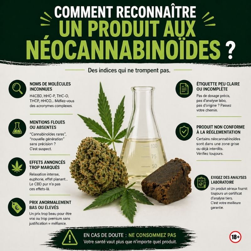Guide visuel pour reconnaître un produit aux néocannabinoïdes avec indices sur étiquetage, effets et composition