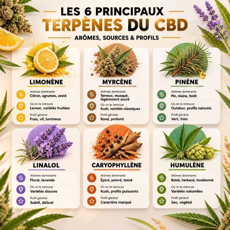 principaux terpènes cbd arômes profils limonène myrcène pinène linalol caryophyllène humulène