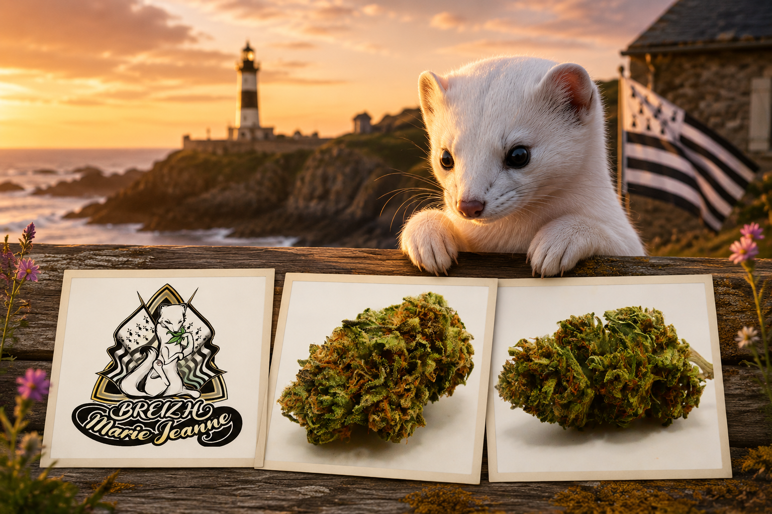 Visuel artistique de la Skunk Jam GMO de Breizh Marie Jeanne avec hermine bretonne, phare côtier et fleurs CBD, réalisé pour une revue CBD française sur Forum CBD by Hollyweed.