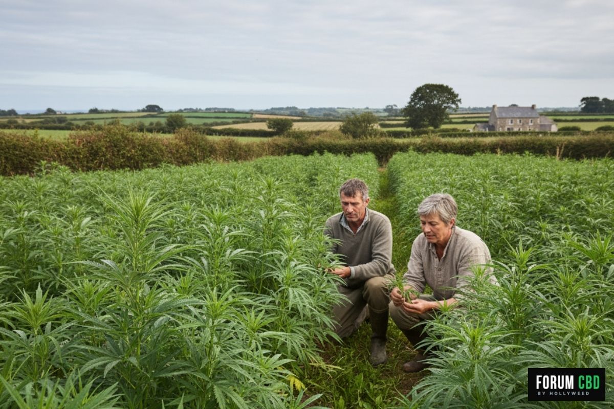Jeunes producteurs bretons cultivant du chanvre CBD artisanal dans une ferme écologique, entre bocage et océan.