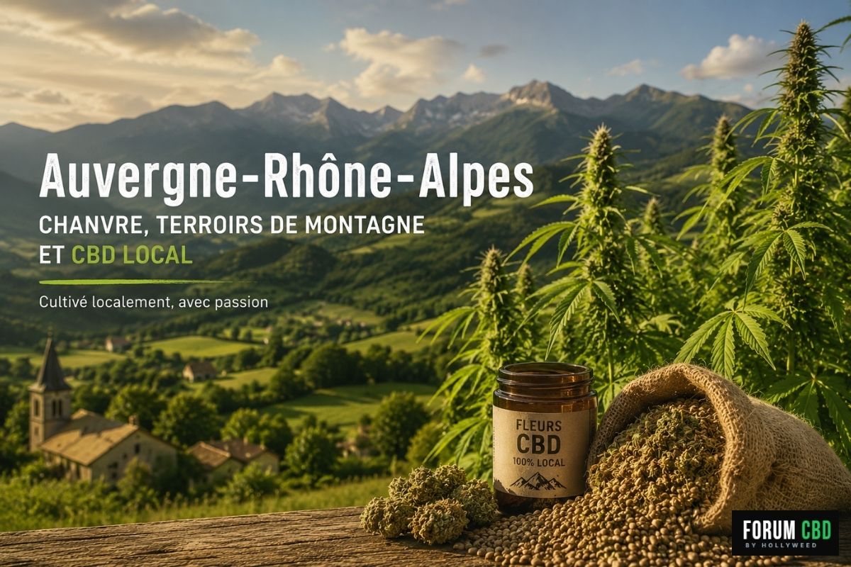 Culture de chanvre CBD en Auvergne-Rhône-Alpes avec montagnes et vallées agricoles en arrière-plan, symbole du terroir et du chanvre local français.
