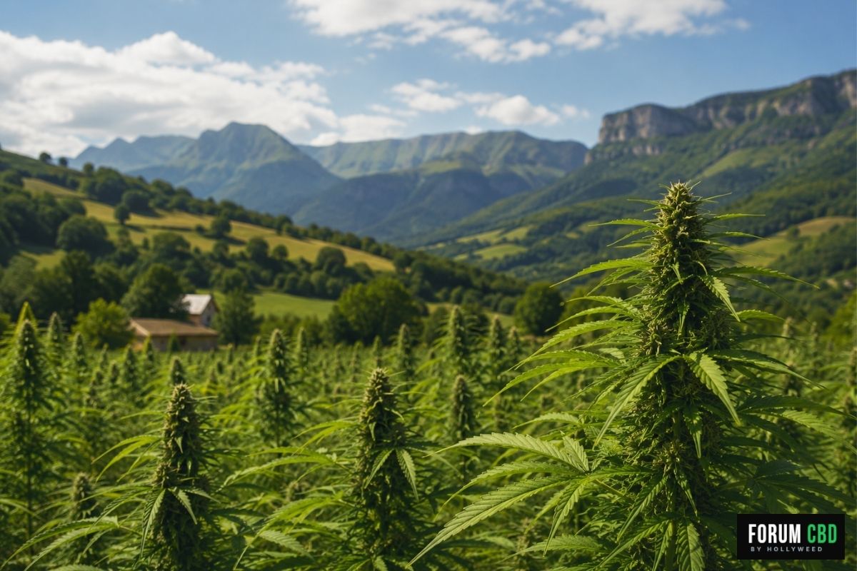 Champ de chanvre CBD cultivé en Auvergne-Rhône-Alpes au cœur des vallées et montagnes, illustration du terroir agricole et du chanvre français local.