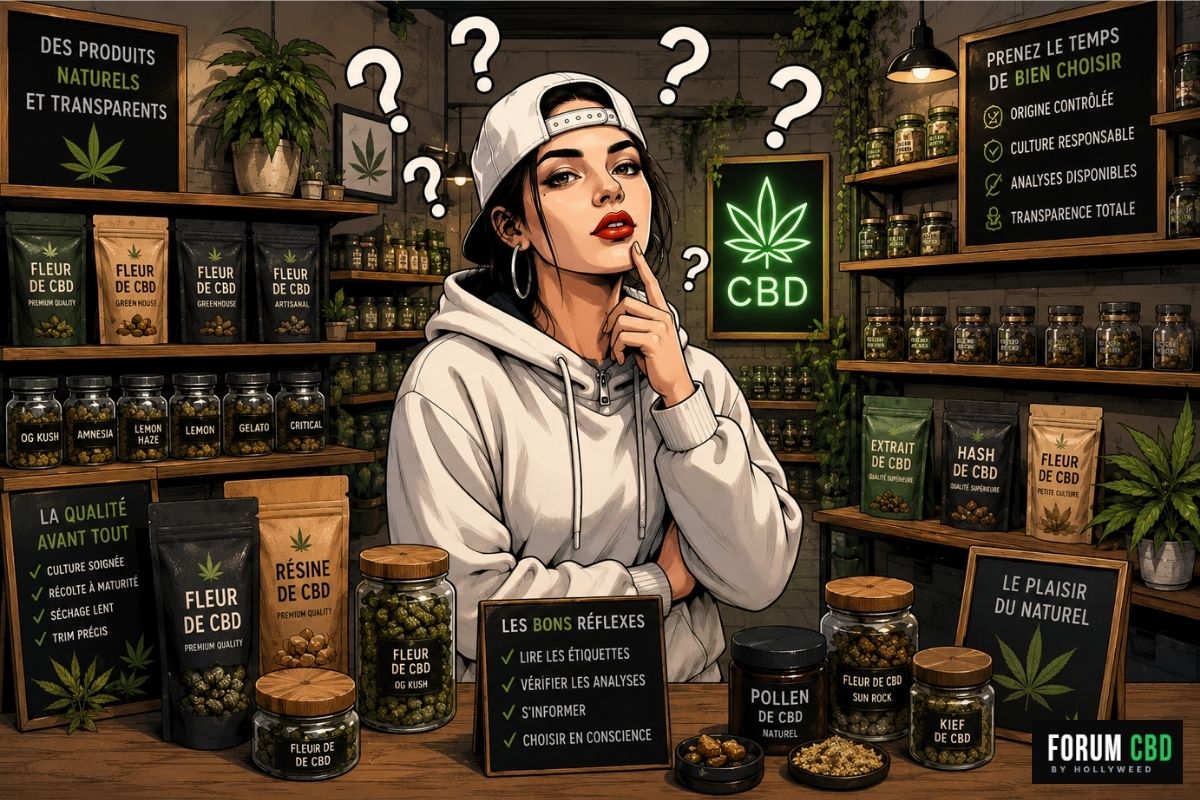 Consommatrice hésitant devant différents produits CBD pour illustrer la sécurité consommateur et le choix d’un produit transparent