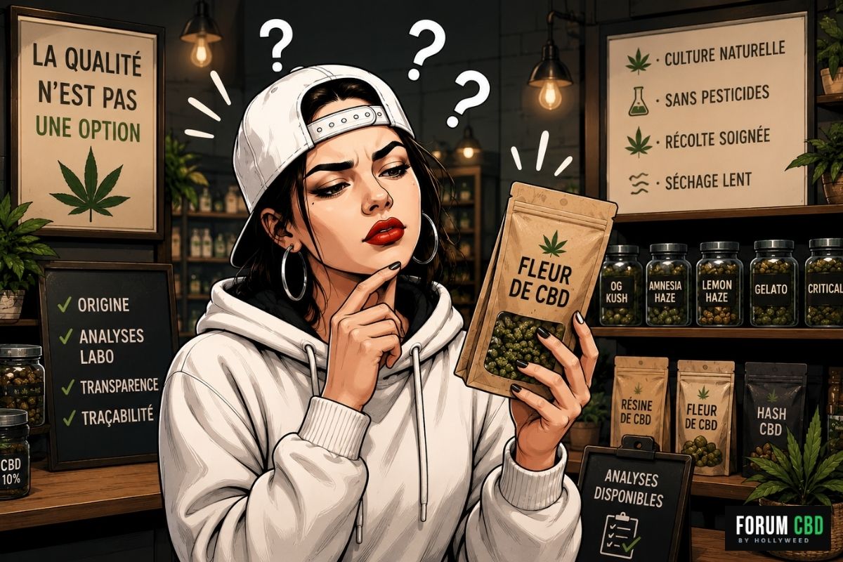 Consommatrice examinant un produit CBD avec un air interrogatif pour illustrer la sécurité consommateur et le choix d’un produit transparent