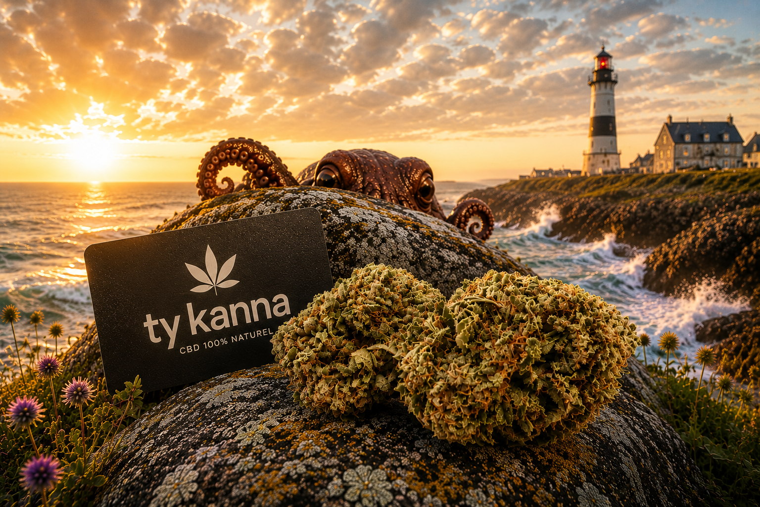 Image de la Sour Space Candy Outdoor de Ty Kanna dans un décor inspiré du terroir breton avec phare, rocher côtier et ambiance maritime