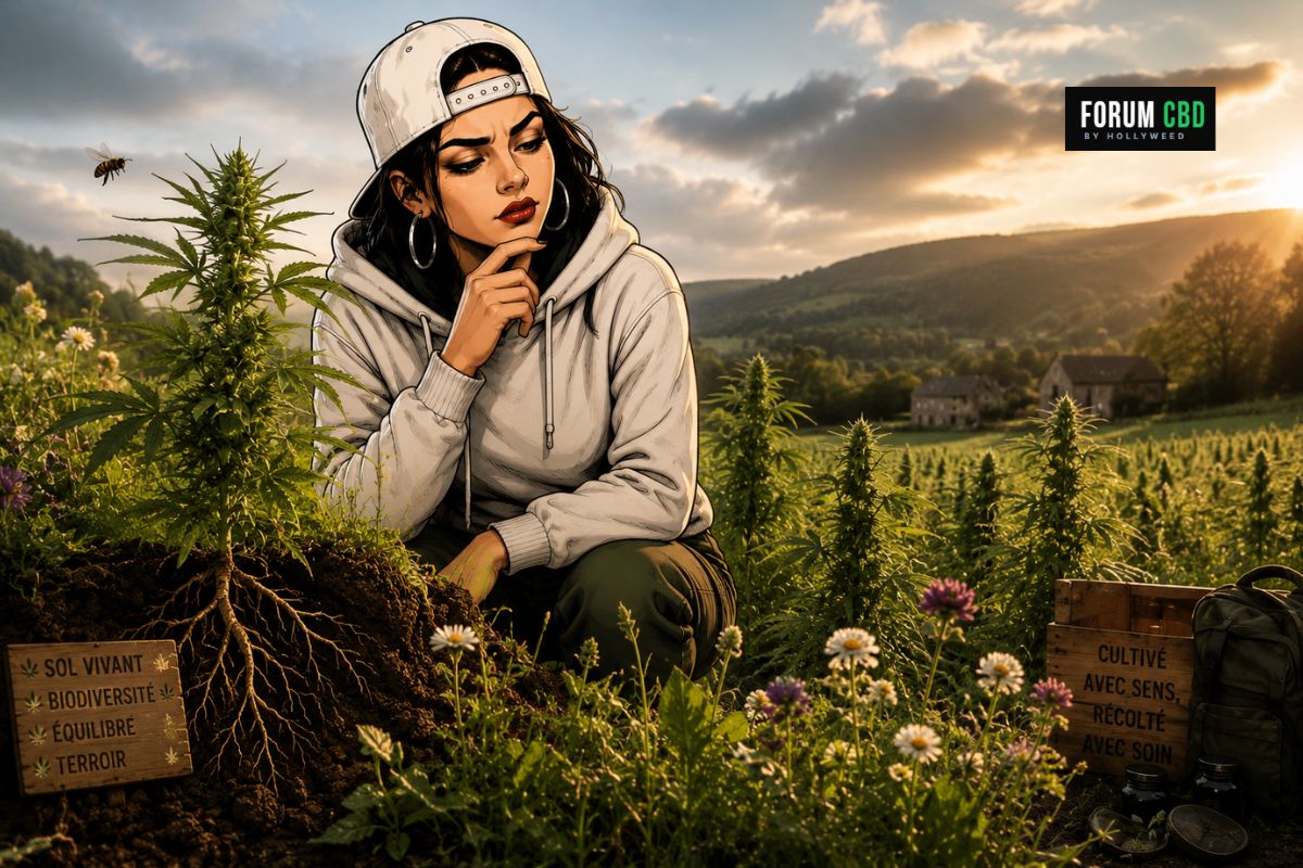 Visuel agroécologie CBD avec personnage illustré dans un champ de chanvre, biodiversité, sol vivant et terroir pour illustrer une ferme agroécologique.