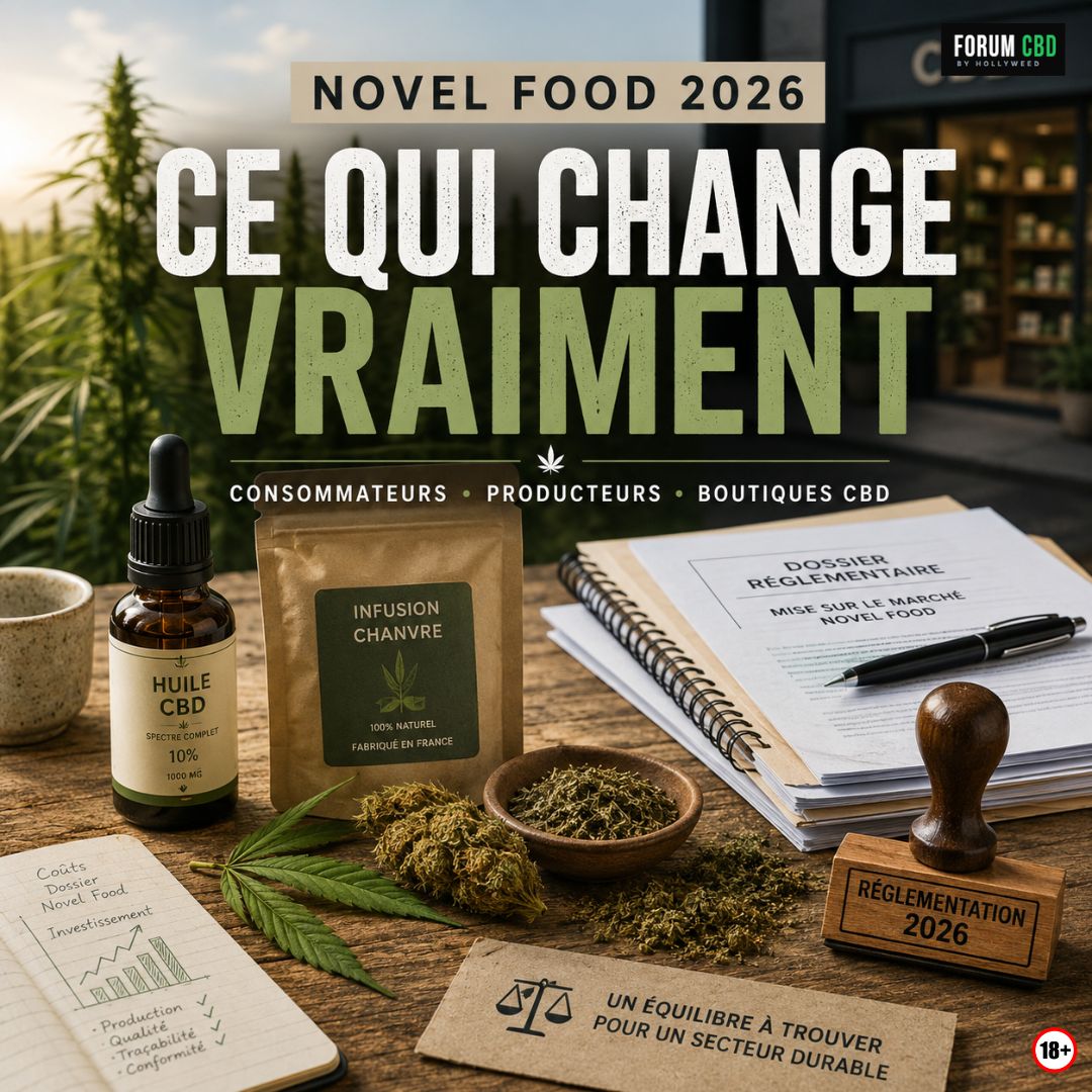 Illustration du dossier Novel Food 2026 dans le secteur du CBD avec huile, infusion, fleurs de chanvre et documents réglementaires évoquant les impacts pour les producteurs, boutiques et consommateurs.