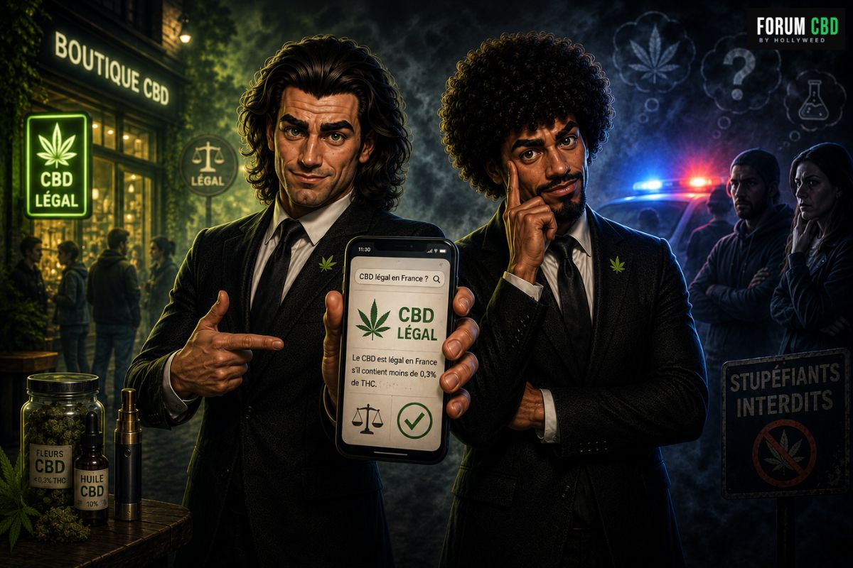 Illustration symbolique autour du CBD légal en France montrant deux personnages en costume devant un smartphone affichant des informations sur la légalité du CBD, entre boutique spécialisée, regard social, contrôle routier et confusion autour de la réglementation.