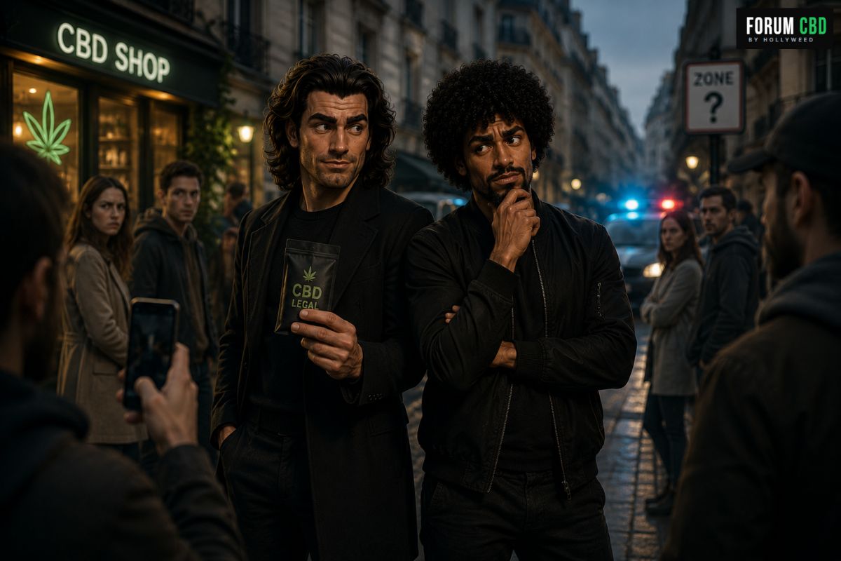 Illustration cinématique montrant deux personnages dans une rue urbaine entourés de regards méfiants, d’un smartphone et d’un pochon CBD légal, avec une boutique CBD et un contrôle de police en arrière-plan évoquant la stigmatisation du consommateur de CBD.