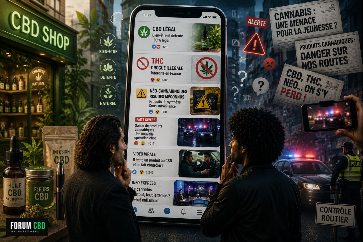 Illustration symbolique montrant deux personnages face à un smartphone géant affichant des informations contradictoires autour du CBD, entre boutique spécialisée, médias sensationnalistes, contrôle routier et confusion entre CBD, THC et néo-cannabinoïdes.