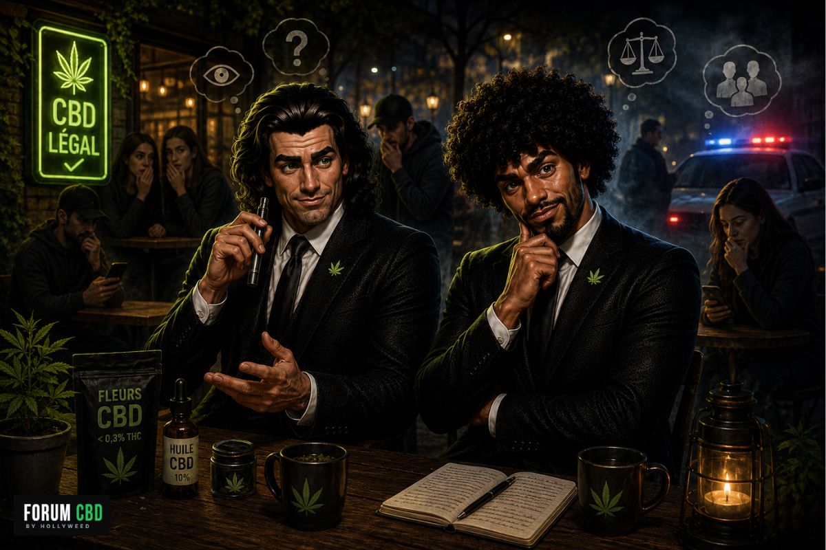 Illustration cinématique montrant deux personnages en costume à une terrasse avec des produits CBD légaux, entourés de regards discrets, d’une boutique CBD et d’un contrôle de police en arrière-plan pour évoquer la stigmatisation des consommateurs.