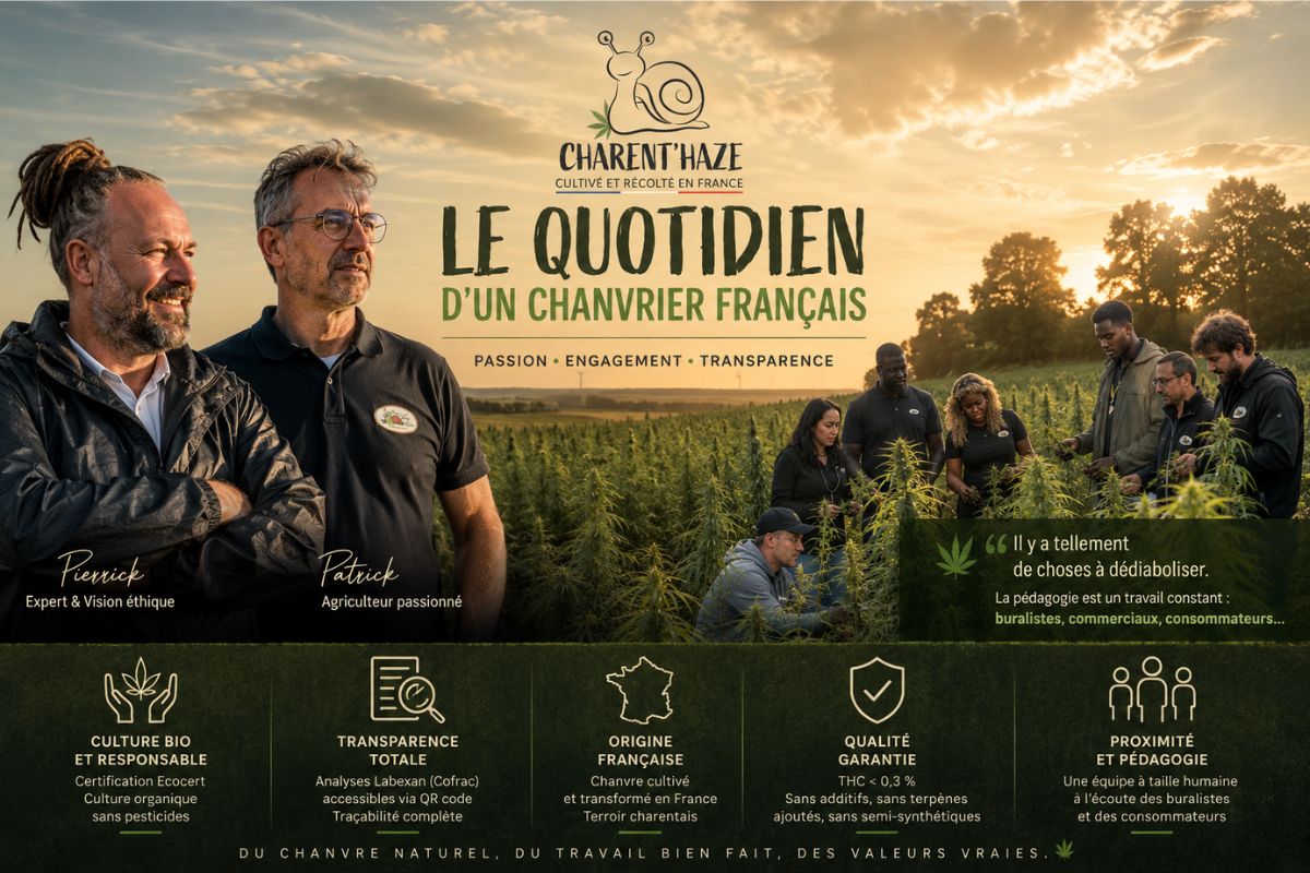 Visuel reportage Charent’Haze illustrant le quotidien d’un chanvrier français, entre culture de chanvre en plein champ, travail d’équipe, pédagogie et engagement pour un CBD naturel cultivé en France.
