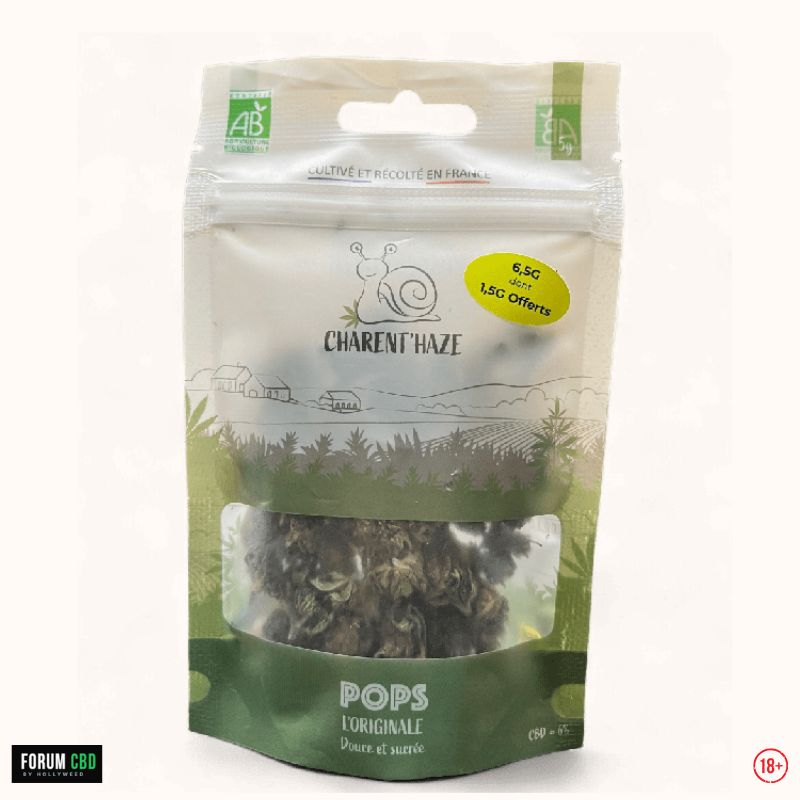 Pochon POPS L’Originale de Charent’Haze accompagné de fleurs de chanvre bio françaises, illustrant une gamme naturelle issue d’une culture artisanale en Charente.