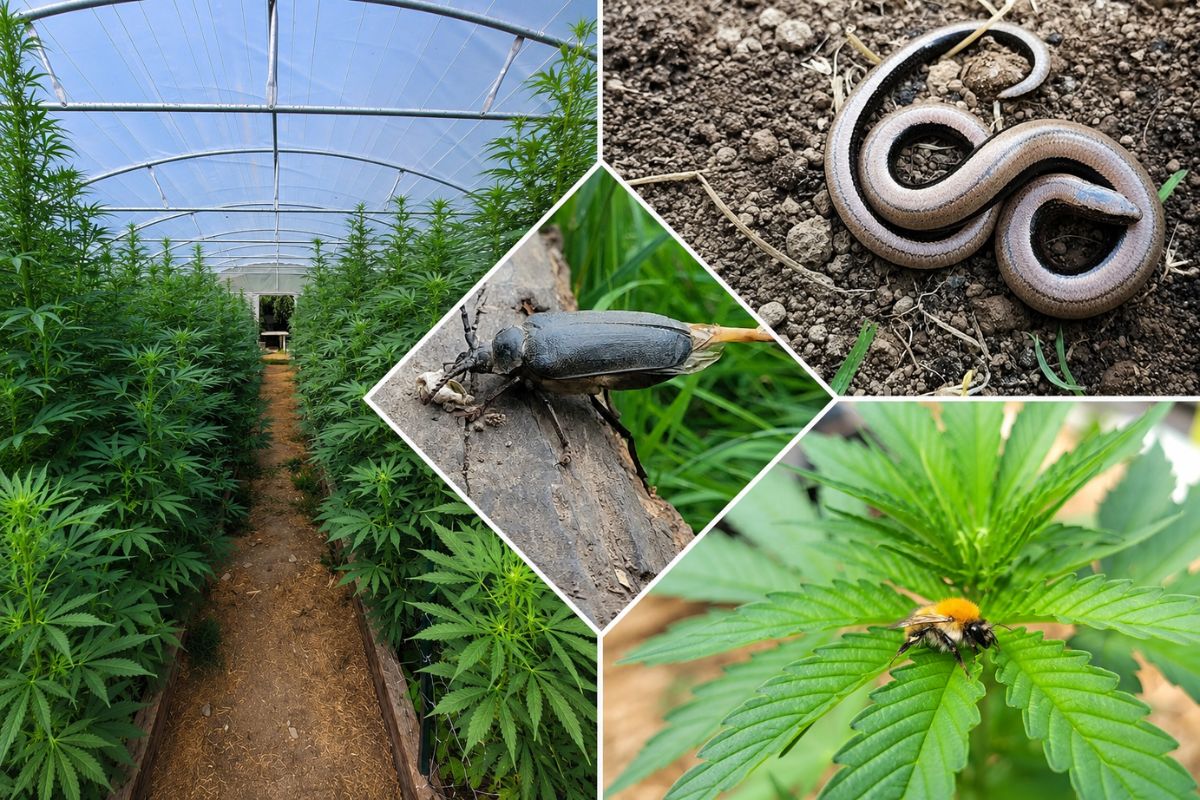 Vue d'ensemble de la culture de Ty Kanna en Bretagne réunissant une serre de chanvre CBD sur sol vivant, une orvet, une salamandre, un coléoptère et un bourdon illustrant la biodiversité préservée au cœur de l'exploitation