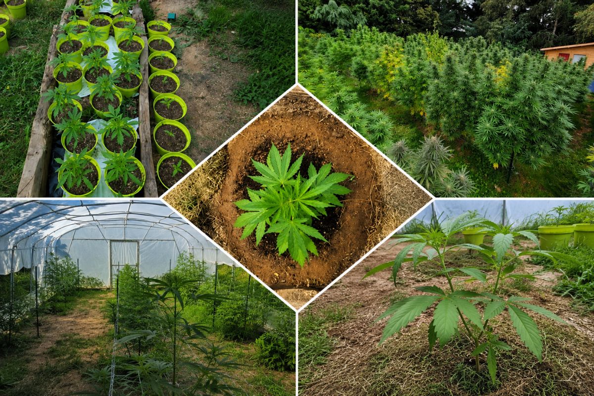 Évolution d'une culture de chanvre CBD sur sol vivant en Bretagne, des jeunes plants en pots jusqu'aux cultures sous serre et en pleine terre, illustrant les différentes étapes du développement des plantes dans un environnement naturel.